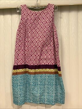 LOFT Pink & Teal Geometric Block Midi Dress with Contrast Bands